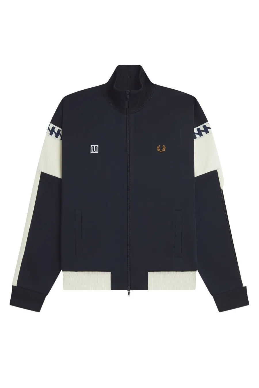 Black and cream color-blocked fred perry men’s giacca meyba con blue track jacket with high collar zipper and embroidered logo