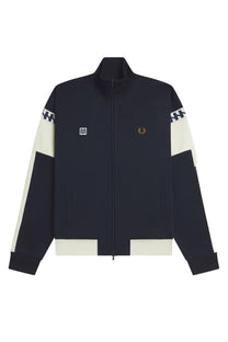 Black and cream color-blocked fred perry men’s giacca meyba con blue track jacket with high collar zipper and embroidered logo