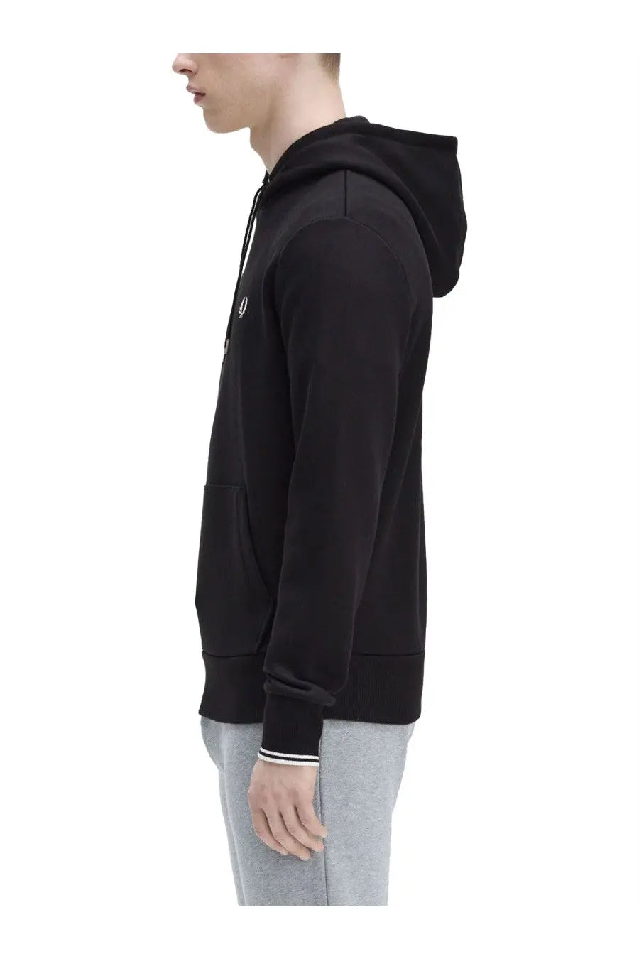 Fred Perry men’s black hoodie with white drawstrings and small embroidered logo on chest made from soft fabric