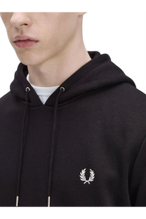 Fred Perry men’s black hoodie featuring a white embroidered laurel wreath logo on the chest in cotton material