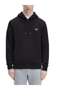 Fred Perry men’s black hoodie with white embroidered laurel wreath logo and contrasting white drawstrings