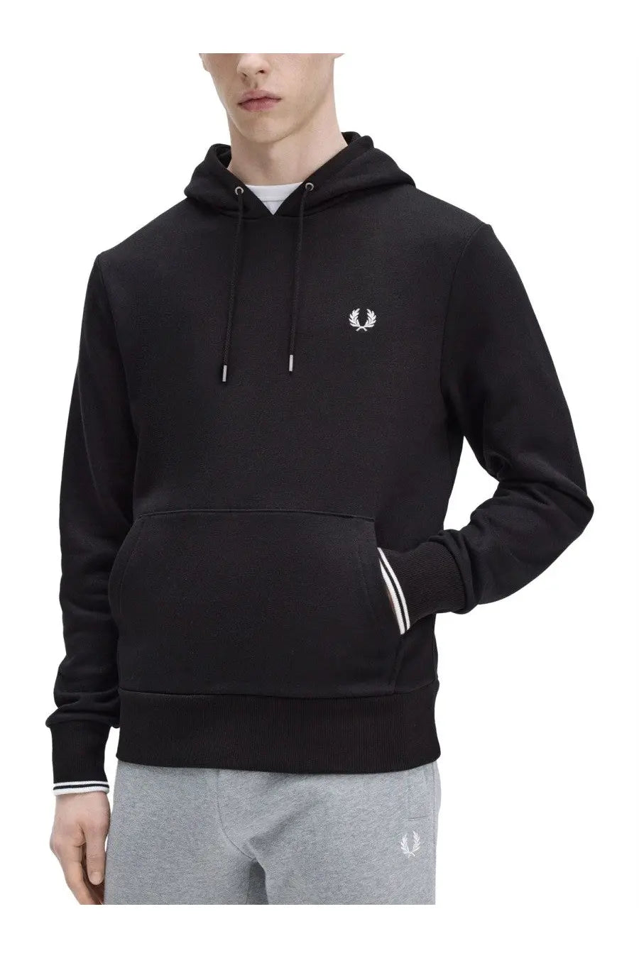Fred Perry men’s black hoodie with white embroidered laurel wreath logo and contrasting white stripes on cuffs and hem