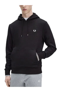 Fred Perry men’s black hoodie with white embroidered laurel wreath logo and contrasting white stripes on cuffs and hem