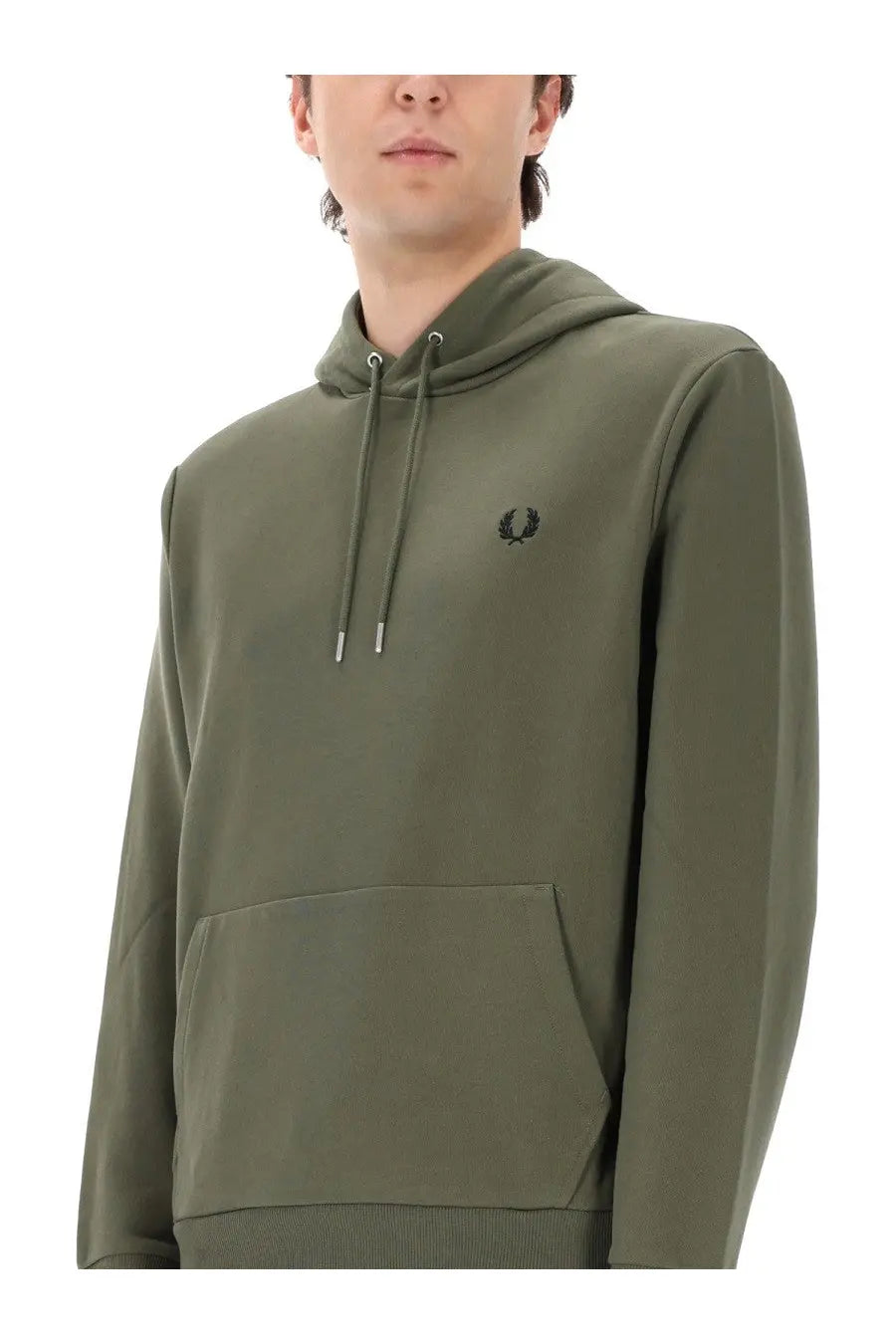 Fred Perry men’s olive green cotton hoodie with black embroidered laurel wreath logo and silver-toned drawstrings