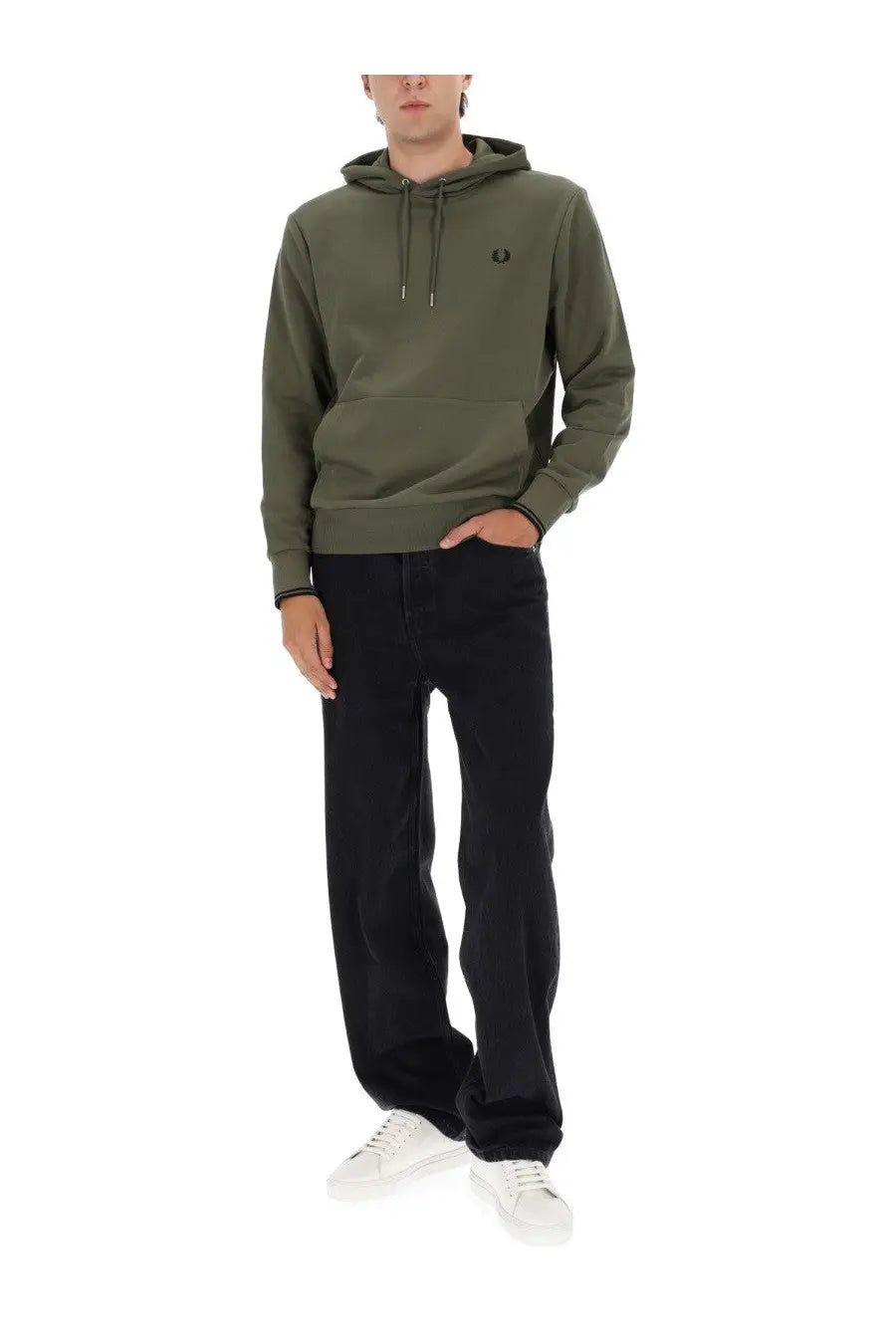 Fred Perry men’s olive green hooded sweatshirt with small embroidered logo on chest in cotton blend material