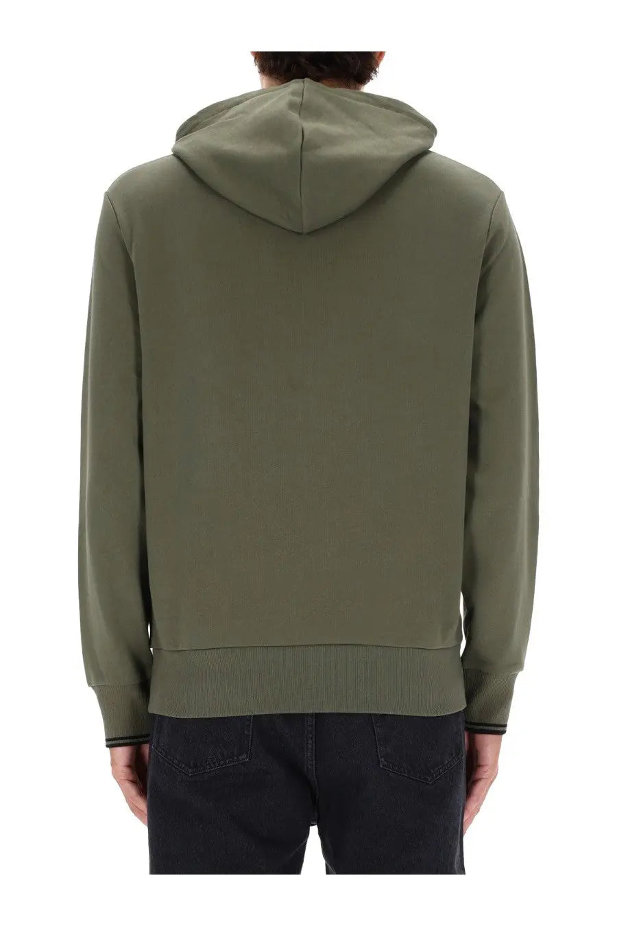 Fred Perry men’s olive green hooded sweatshirt with ribbed cuffs and hem made from soft fabric for casual wear