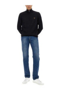 Black fred perry half-zip sweater with gold laurel wreath logo on chest for men jersey blue collection
