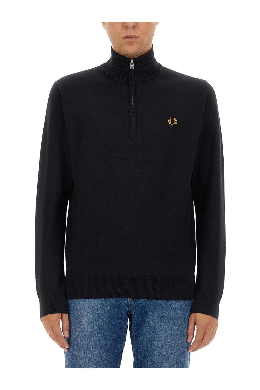 Fred Perry men’s black half-zip sweater with gold embroidered laurel wreath logo on chest in jersey blue style