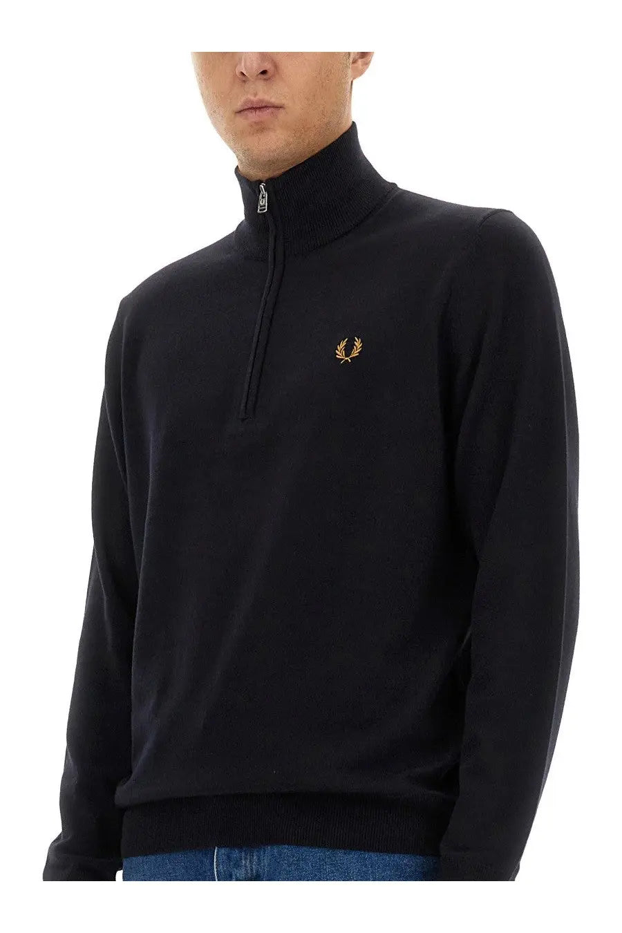 Black Fred Perry half-zip sweater with gold laurel wreath logo on chest in men’s jersey blue style