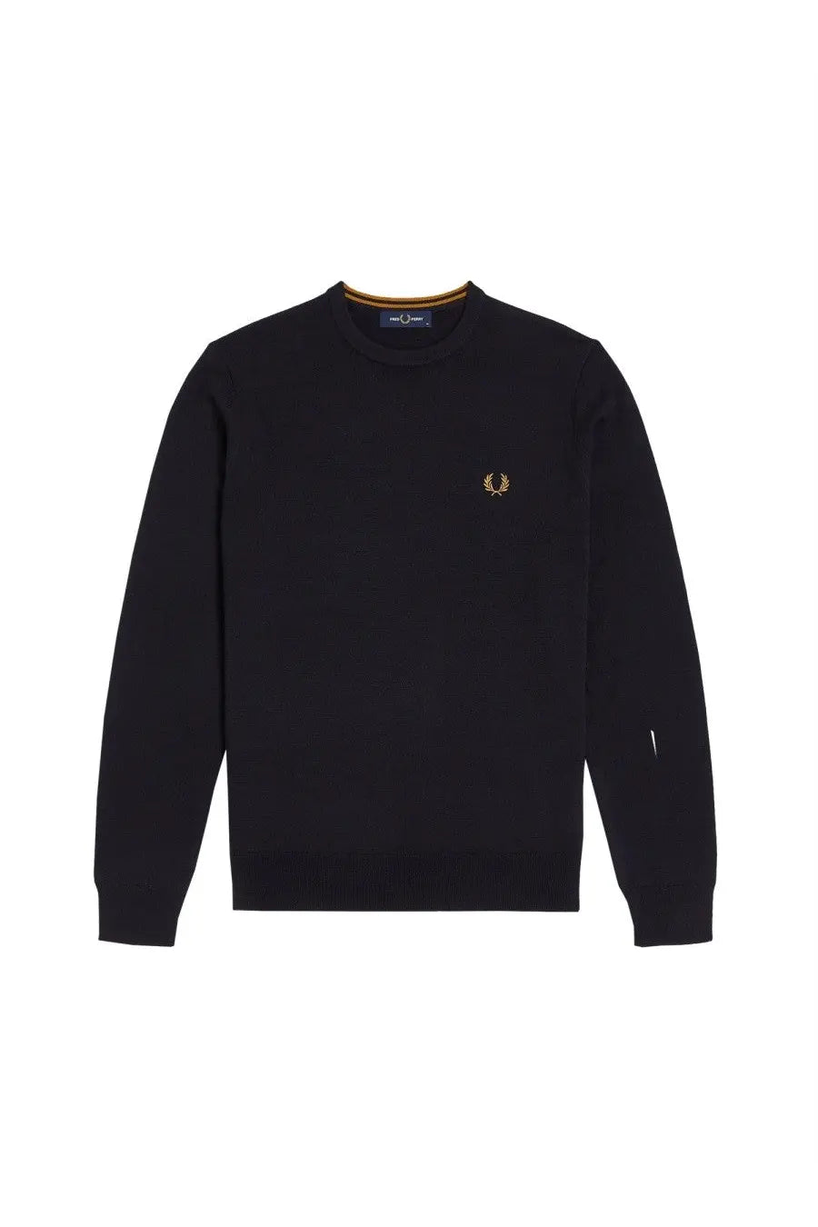 Black fred perry sweatshirt with gold laurel wreath logo and matching gold collar trim in men’s jersey blue style