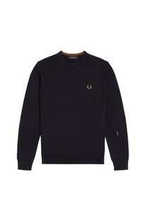 Black fred perry sweatshirt with gold laurel wreath logo and matching gold collar trim in men’s jersey blue style