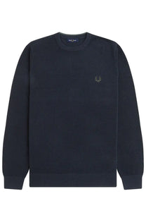 Fred Perry men’s jersey blue dark navy crewneck sweater with subtle textured knit and laurel wreath logo on left chest