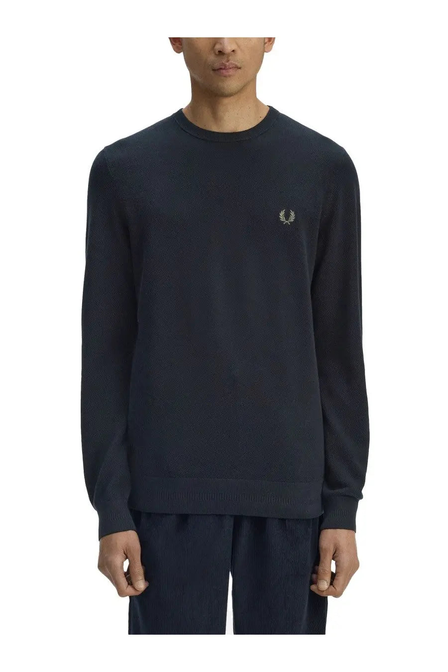 Fred Perry men’s navy blue long-sleeved crewneck sweater with embroidered laurel wreath logo on left chest