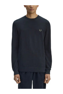 Fred Perry men’s navy blue long-sleeved crewneck sweater with embroidered laurel wreath logo on left chest