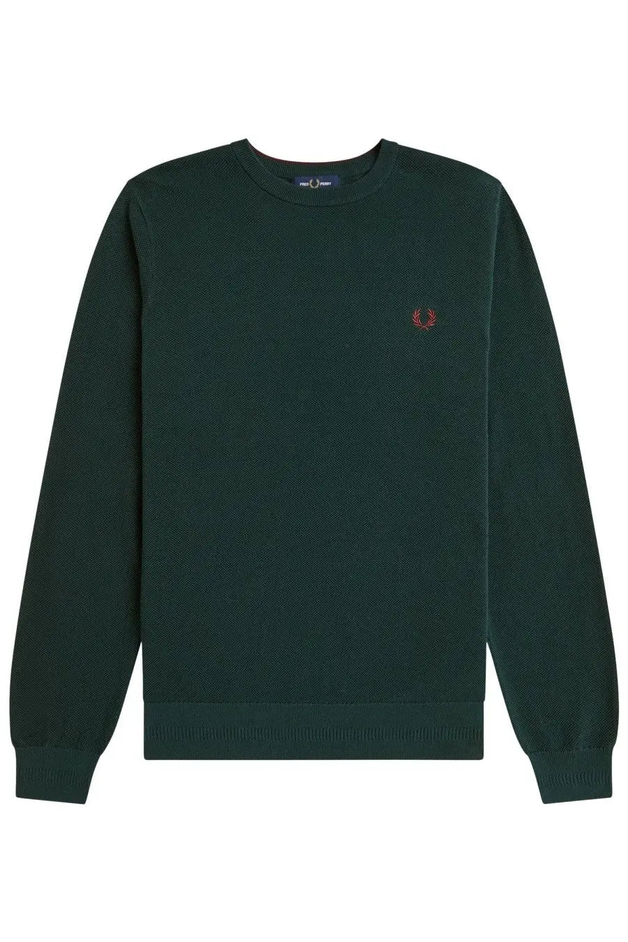 Dark green fred perry men’s sweatshirt with red embroidered laurel wreath logo on left chest in jersey material