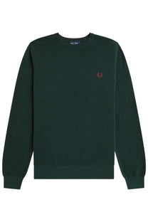 Dark green fred perry men’s sweatshirt with red embroidered laurel wreath logo on left chest in jersey material