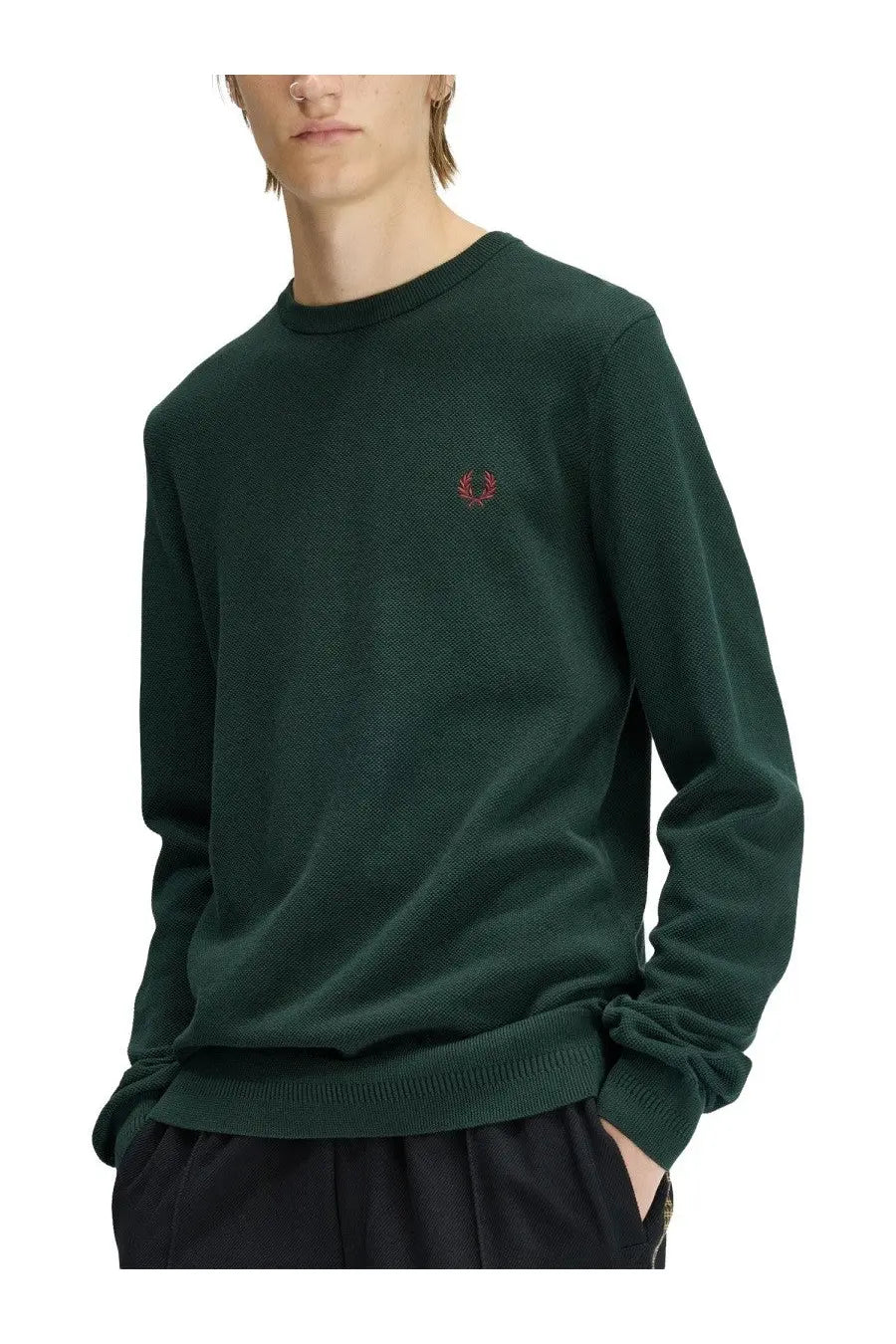 Fred Perry men’s jersey green dark green textured knit sweater with small red embroidered logo on the chest