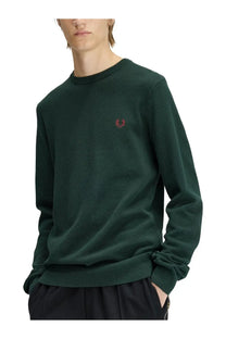 Fred Perry men’s jersey green dark green textured knit sweater with small red embroidered logo on the chest
