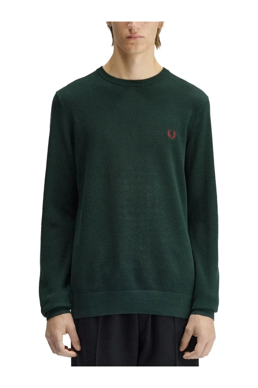 Dark green textured knit sweater with small red embroidered logo on left chest fred perry men’s jersey green