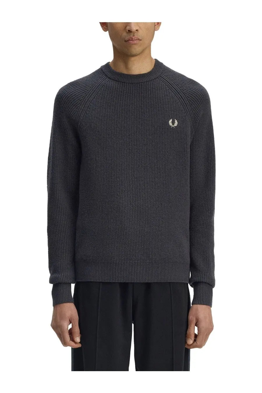 Fred Perry men’s dark gray ribbed knit sweater with small white embroidered logo on chest in jersey grey material