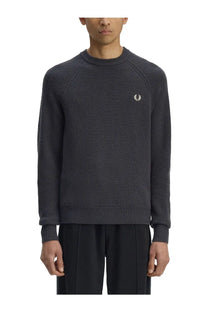 Fred Perry men’s dark gray ribbed knit sweater with small white embroidered logo on chest in jersey grey material