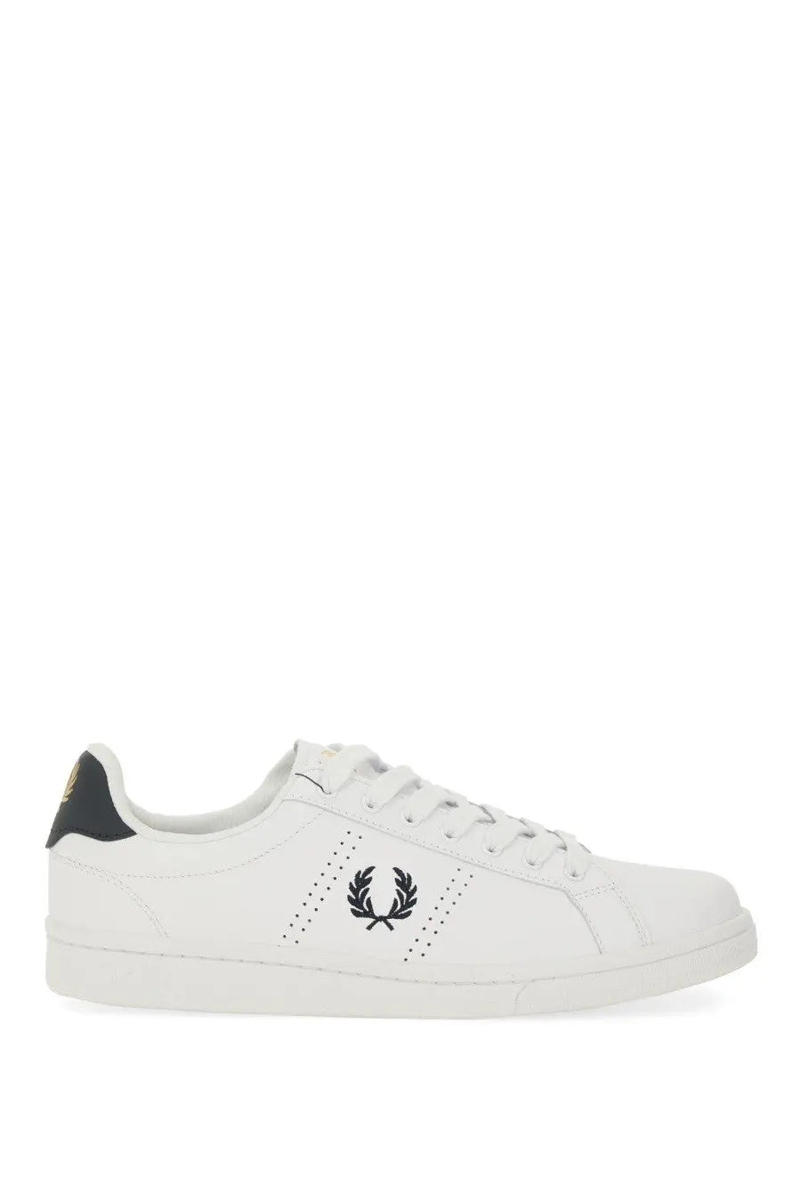 Fred Perry men’s white leather sneaker with black embroidered laurel wreath logo and perforated detailing