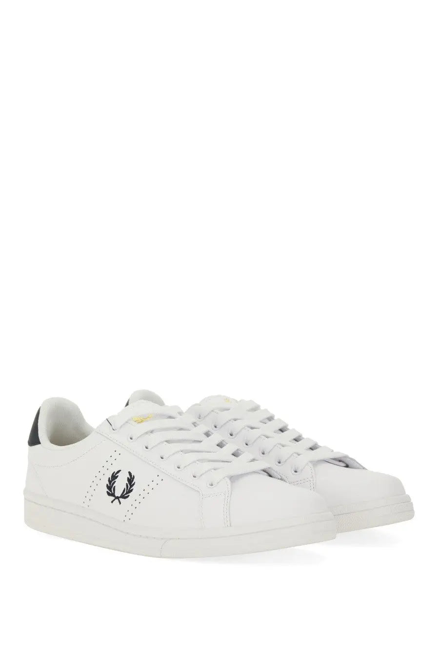 Fred Perry men’s white leather sneakers with black embroidered laurel wreath logo and perforated detailing
