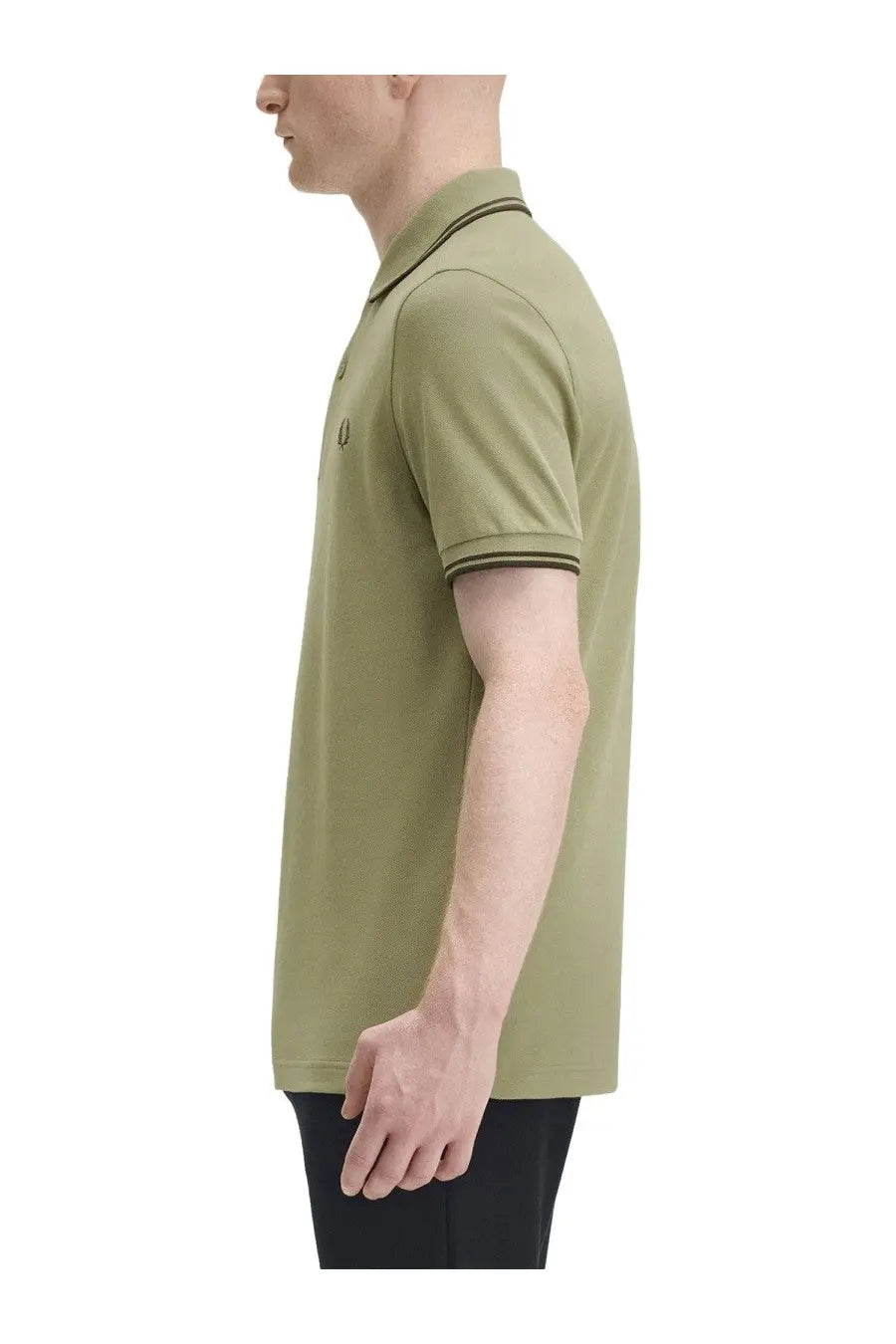 Fred perry men’s olive green polo shirt with black collar and cuff trim and small embroidered chest logo