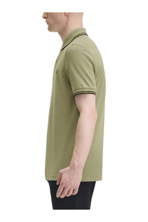 Fred perry men’s olive green polo shirt with black collar and cuff trim and small embroidered chest logo