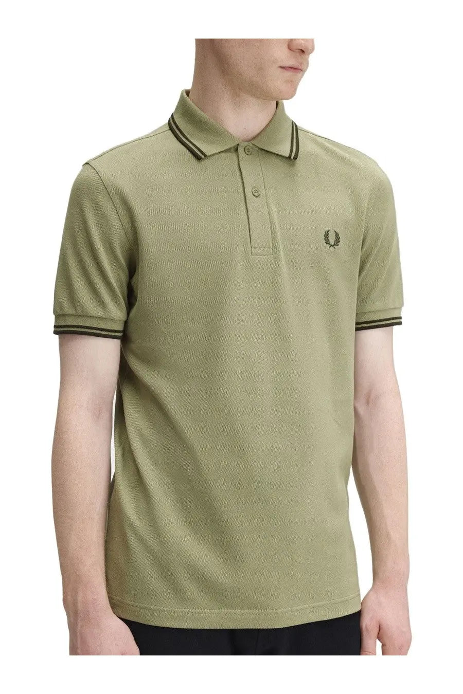 Fred Perry men’s olive green polo shirt with black trim and embroidered logo on chest, classic cotton material