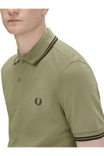 Fred Perry men’s olive green pique polo shirt with black and white striped collar and embroidered laurel wreath logo