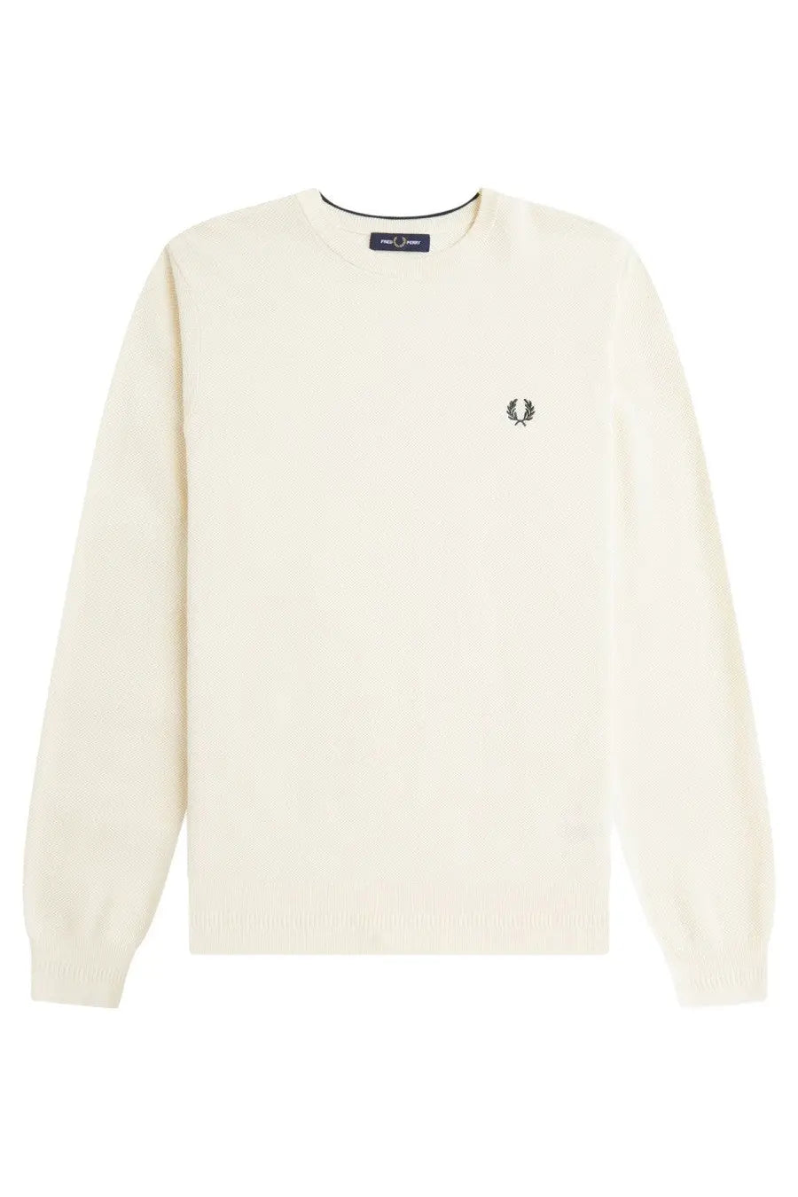 Fred Perry men’s cream-colored crewneck sweater with black laurel wreath logo and maglia con white detailing