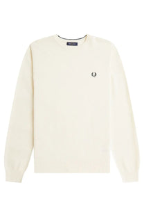 Fred Perry men’s cream-colored crewneck sweater with black laurel wreath logo and maglia con white detailing