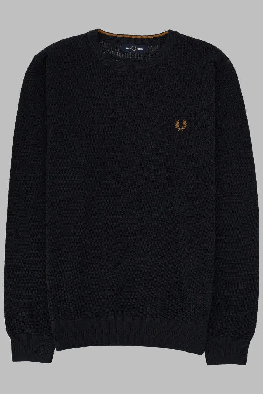 Black fred perry sweatshirt in cotton piqué with gold embroidered laurel wreath logo on the chest