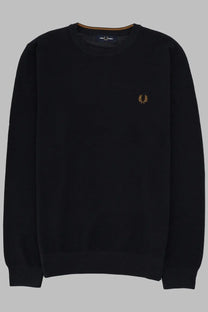 Black fred perry sweatshirt in cotton piqué with gold embroidered laurel wreath logo on the chest