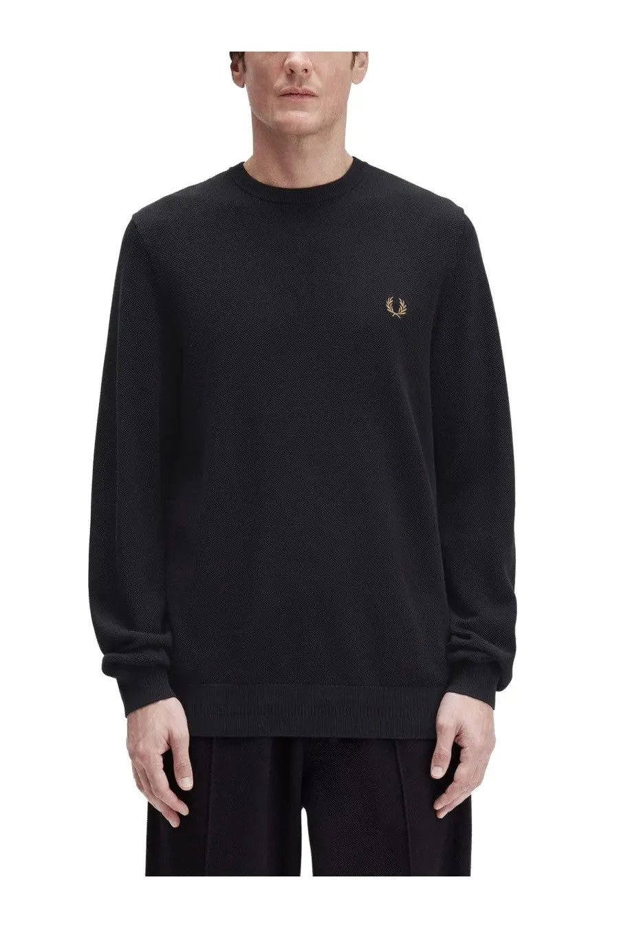 Fred Perry men’s pique sweater black with gold embroidered laurel wreath logo on chest made from breathable cotton