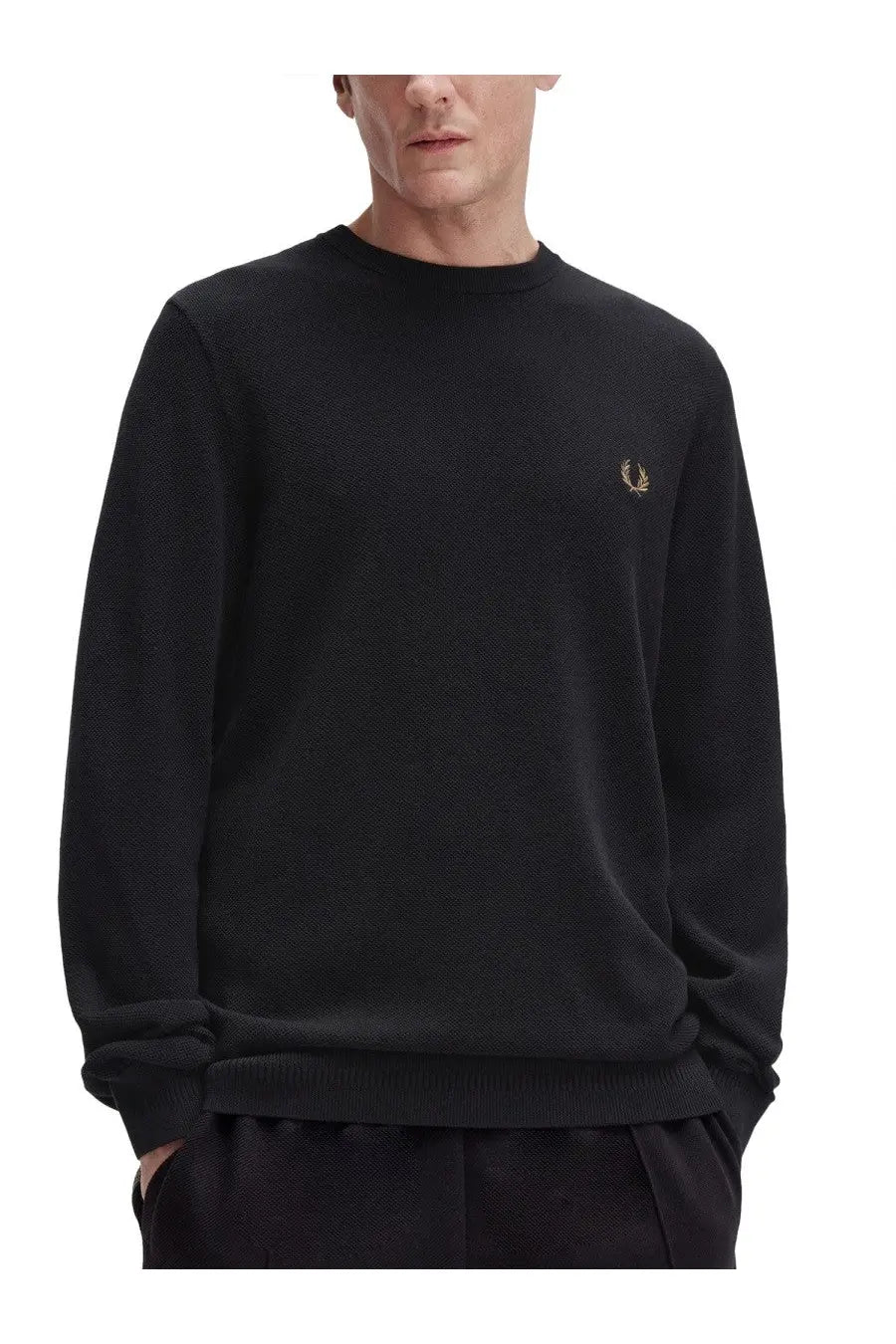 Fred Perry men’s pique sweater black with gold embroidered laurel wreath logo on chest in cotton material
