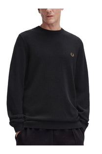 Fred Perry men’s pique sweater black with gold embroidered laurel wreath logo on chest in cotton material