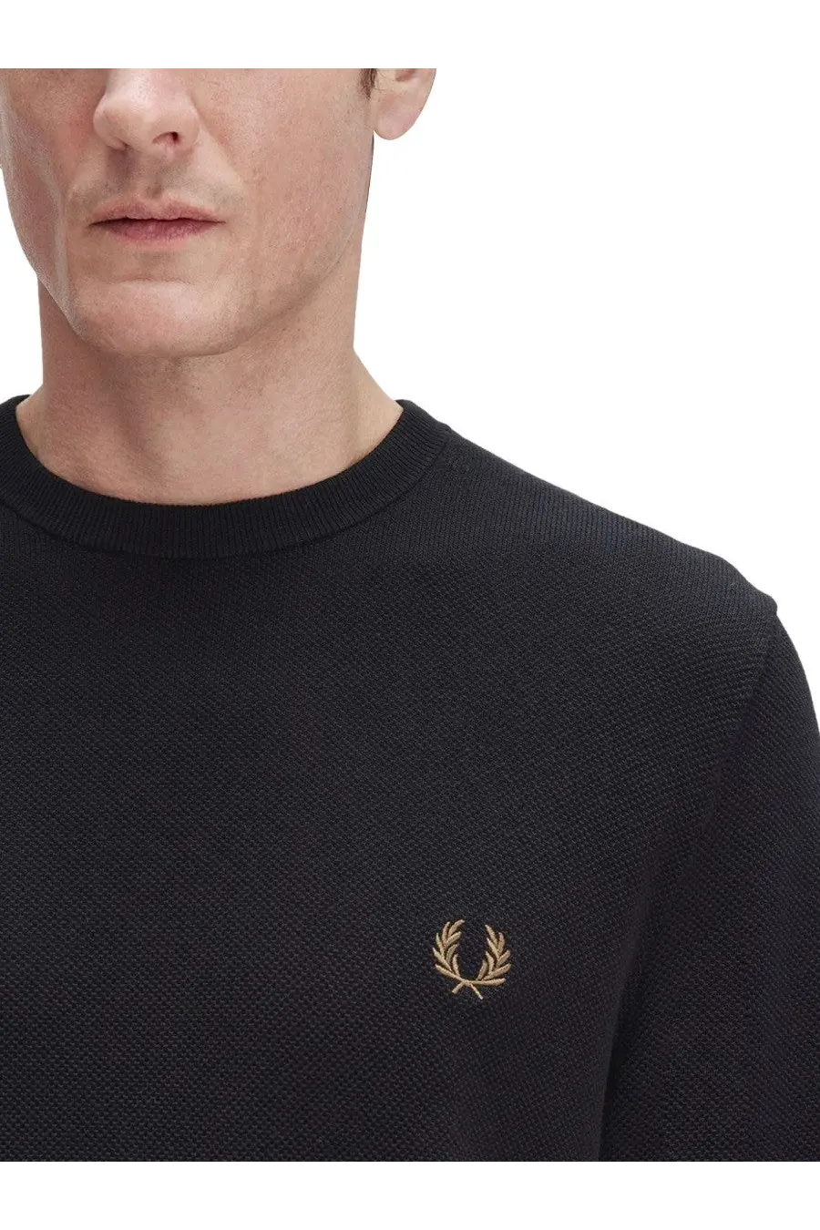 Fred Perry men’s black pique textured knit crewneck sweater with gold embroidered laurel wreath logo on the chest