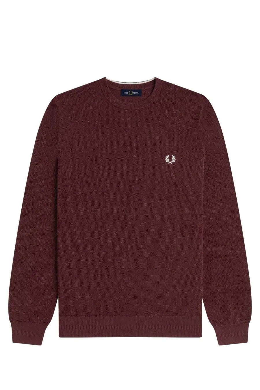 Fred Perry men’s red maroon pique crew neck sweater with white embroidered laurel wreath logo