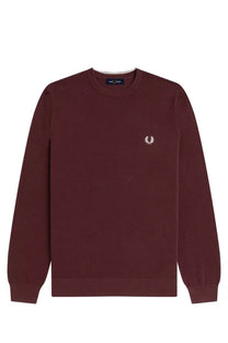 Fred Perry men’s red maroon pique crew neck sweater with white embroidered laurel wreath logo