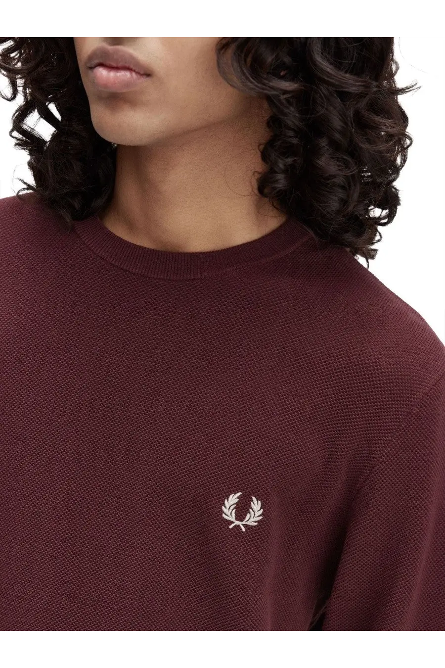 Fred Perry men’s red textured knit crewneck sweater with white embroidered laurel wreath logo on left chest