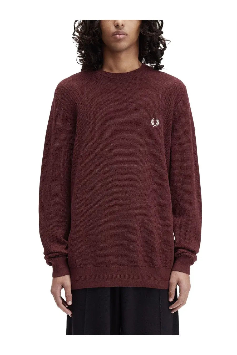 Fred Perry men’s red pique sweater in maroon textured knit with white embroidered laurel wreath logo on left chest