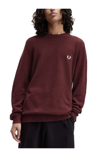 Fred Perry men’s red pique knit sweater with maroon texture and white embroidered laurel wreath logo on left chest
