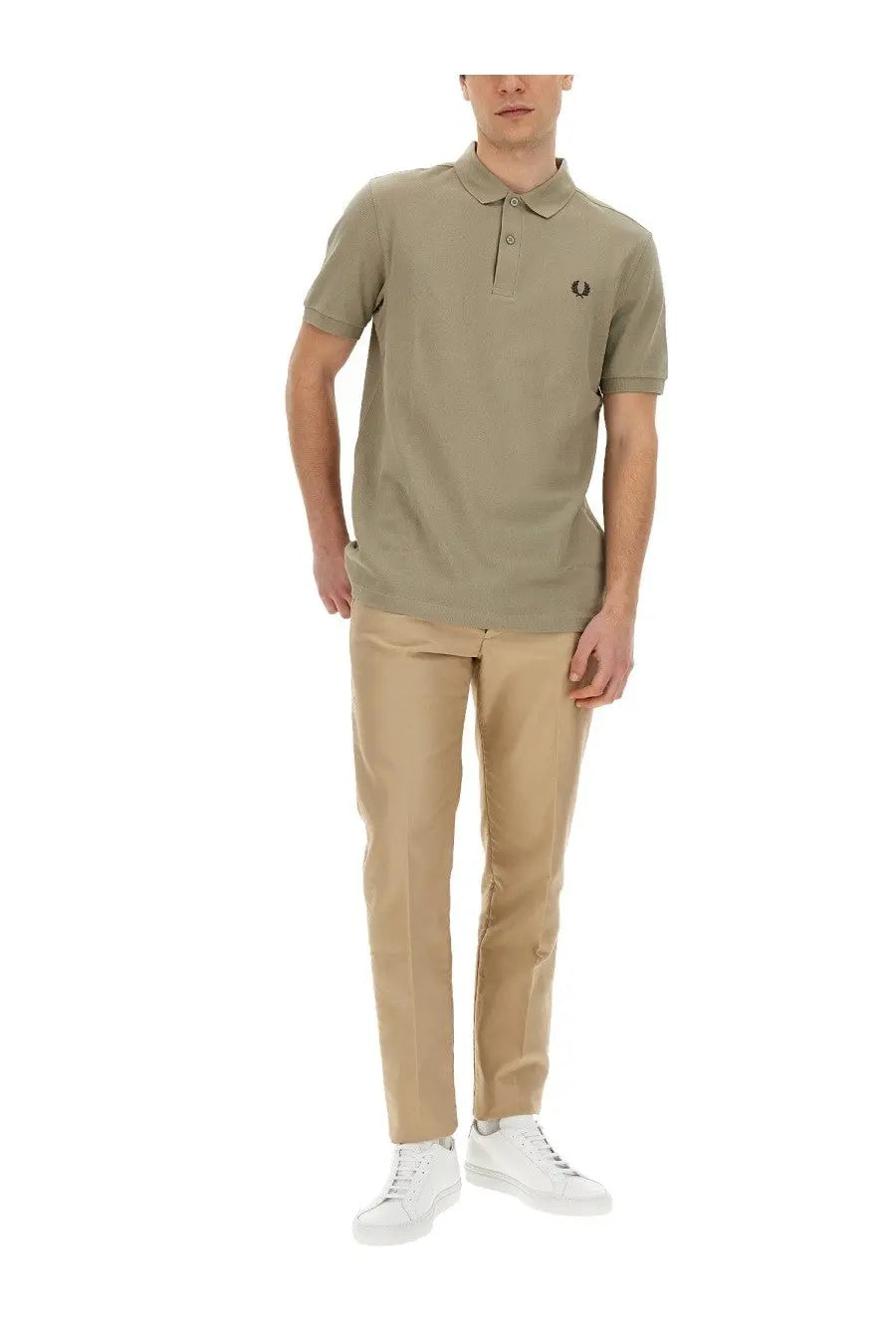 Khaki-colored fred perry men’s polo beige shirt with classic collar and embroidered logo on chest