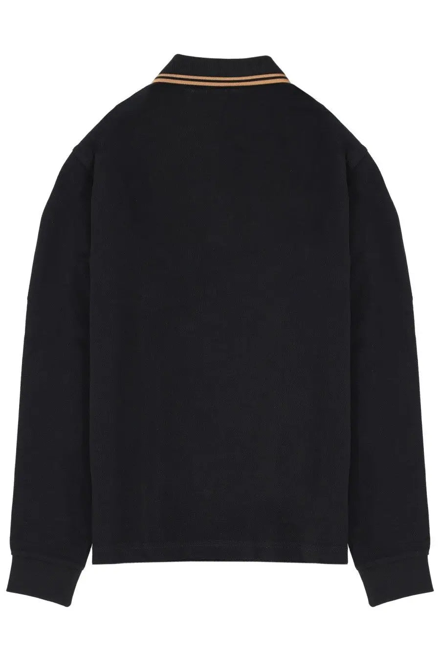 Fred Perry men’s black long-sleeved polo shirt with collar featuring two thin tan stripes in cotton material