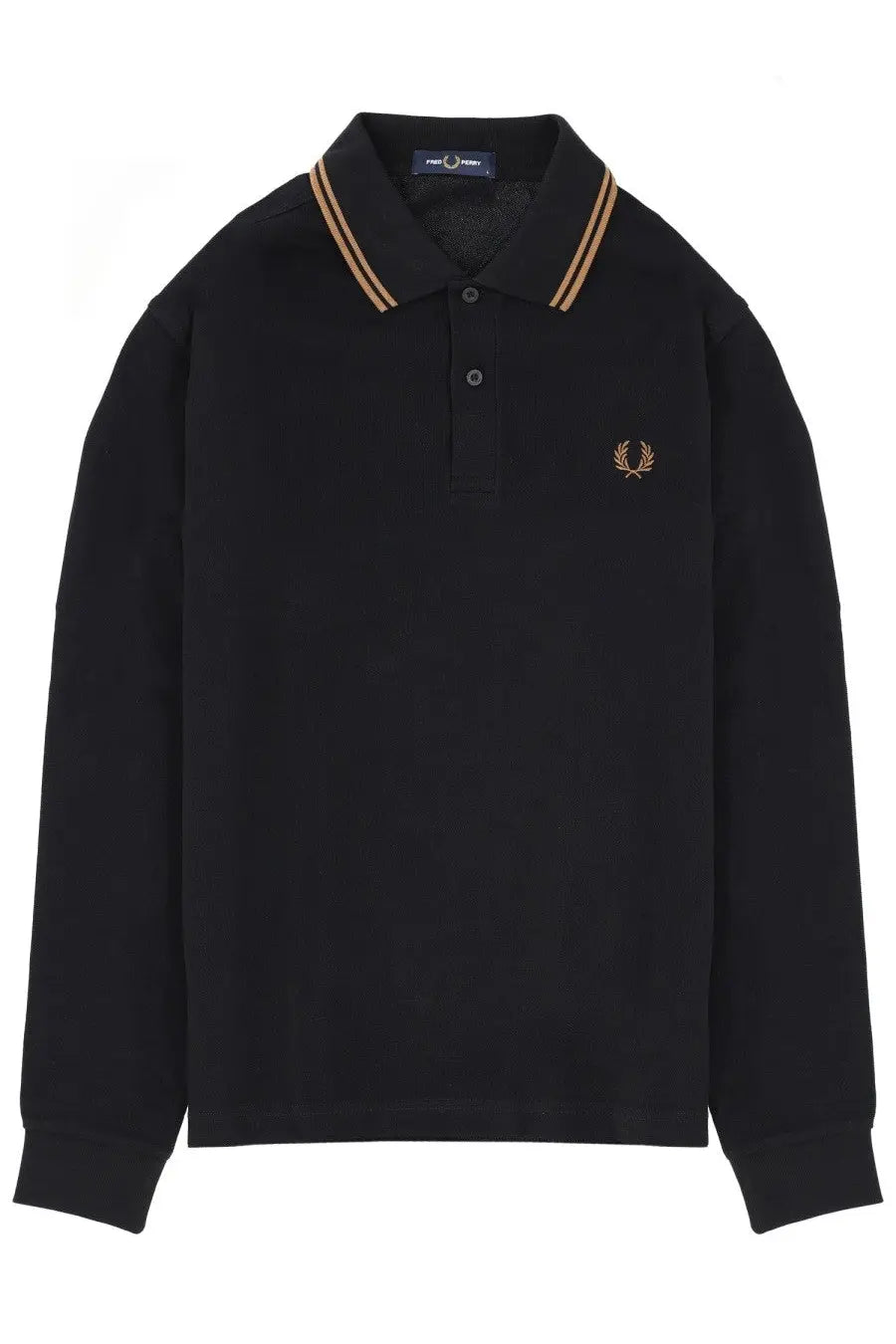 Fred Perry men’s black long-sleeved polo shirt with gold and white striped collar and laurel wreath logo on chest