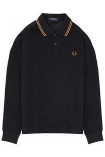 Fred Perry men’s black long-sleeved polo shirt with gold and white striped collar and laurel wreath logo on chest