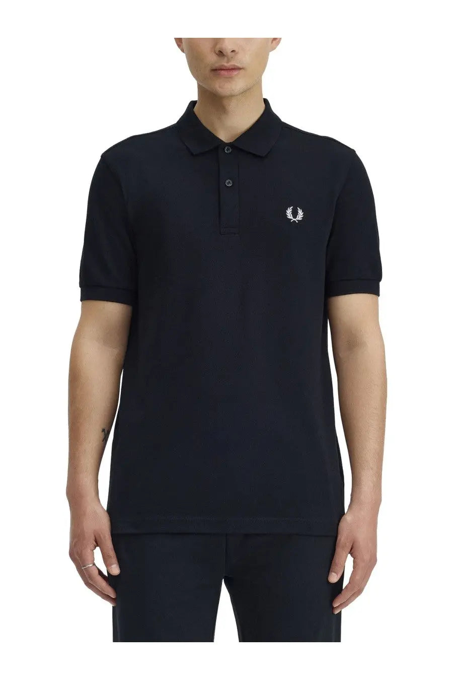 Fred Perry men’s black polo shirt with white embroidered laurel wreath logo on chest in cotton material