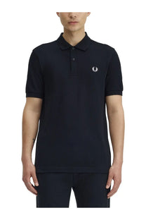 Fred Perry men’s black polo shirt with white embroidered laurel wreath logo on chest in cotton material